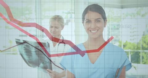 Female Healthcare Worker Analyzing Medical Report with Graph Overlay