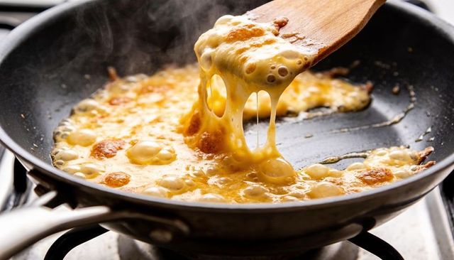 Scraping wooden spatula lifting gooey melted cheese on sizzling scrambled eggs in skillet
