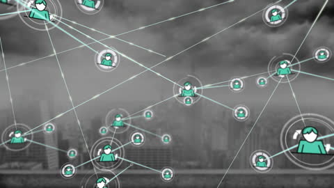 Animated Network Connections Over Abstract Urban Skyline