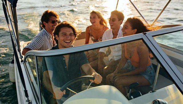 Laughing friends cruising speedboat at golden hour, steering together and enjoying summer