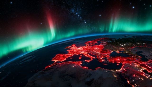 Nightside Earth Showing Redlit Urban Networks Over Europe and Mediterranean with Aurora