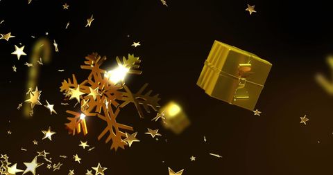 Festive Golden Stars and Christmas Decorations on Black Background