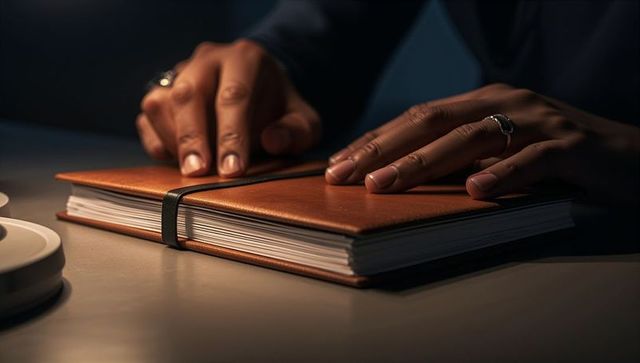 Ringed darker-skinned hands closing tan leather journal under warm desk lamp lighting