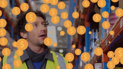 Warehouse Worker and Floating Currency Emoji Theme Illustration