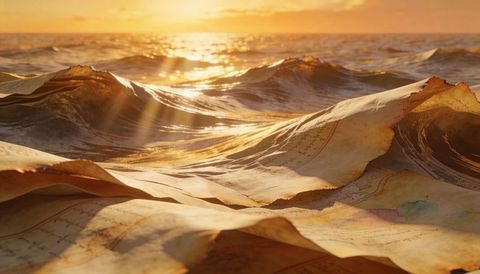 Antique map waves at sunset, parchment forming ocean waves, vintage cartography surreal
