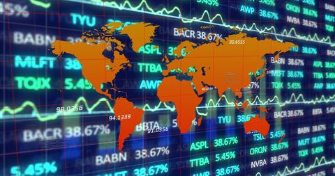 Digital financial data analysis overlay world map