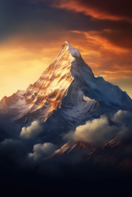 Capturing the grandeur of a snow-capped mountain peak illuminated by the warm glow of a setting sun, with clouds in the foreground. Ideal for travel magazines, adventure brochures, outdoor activity advertisements, and inspirational posters highlighting natural beauty and adventure.