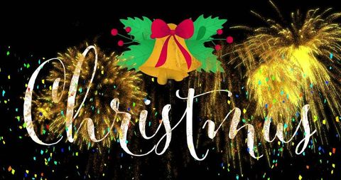 Golden fireworks and holiday bells christmas script with confetti and holly garland
