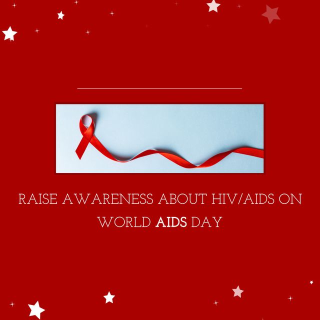 Composite of raise awareness about hiv, aids on world aids day text with awareness ribbon and stars. Red background, copy space, digital composite, hiv, healthcare, support and prevention concept.