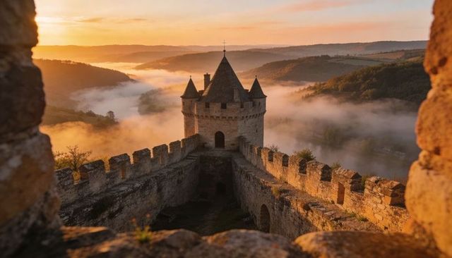 Sunrise over medieval hilltop fortress tower with fog-filled river valley and battlements
