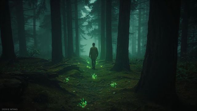 Explorer Walking in Mystical Forest with Glowing Plants