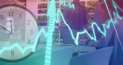 Blending time and data: team analyzing financial chart with clock and laptop overlay