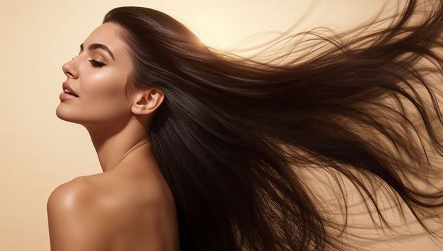 Brunette woman showcasing flowing hair and glowing skin in wind-swept beauty portrait