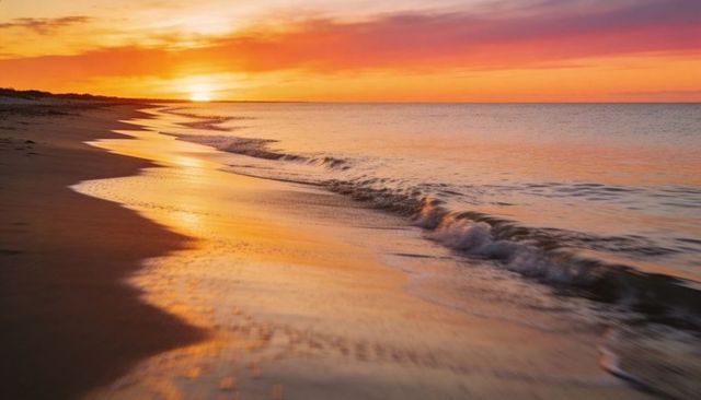 Golden sunset reflecting on serene shoreline with gentle surf and wet sand glow at dusk