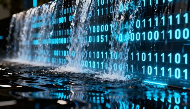 Cascading Binary Waterfall Flowing Over Neon Matrix Wall Reflecting in Cyan Ripple Pool