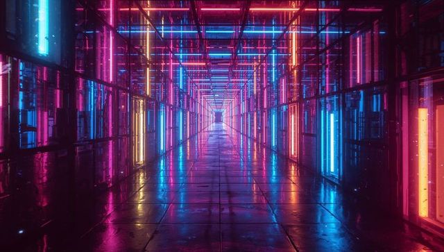 Futuristic neon corridor with reflective surfaces and glass panels
