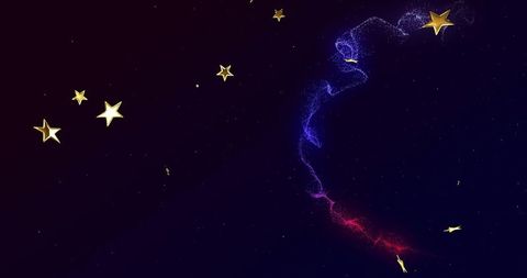 Cosmic nebula ribbon sweeping past gold stars on deep space background for design