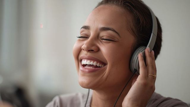 Joyful Hispanic Woman Enjoying Music with Headphones at Home Office