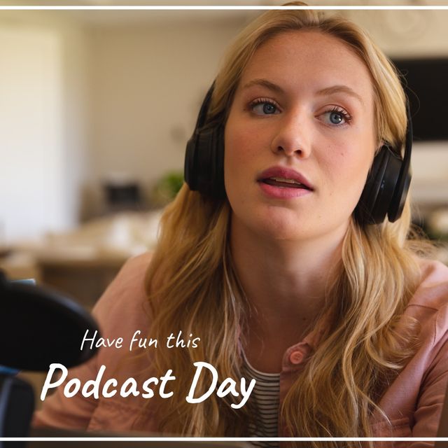 Composite of caucasian young woman listening podcast over headphones and have fun this podcast day. Text, broadcasting, communication, media and technology concept.