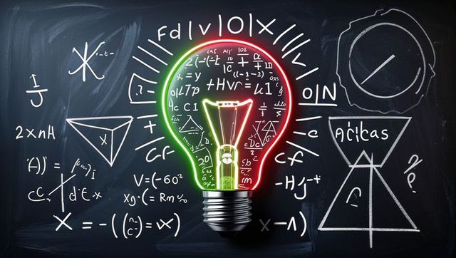 Neon Bulb Illuminating Chalkboard with Math Formulas in Classroom