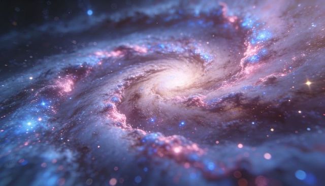 Majestic swirling spiral galaxy revealing bright core and pink blue nebula arms