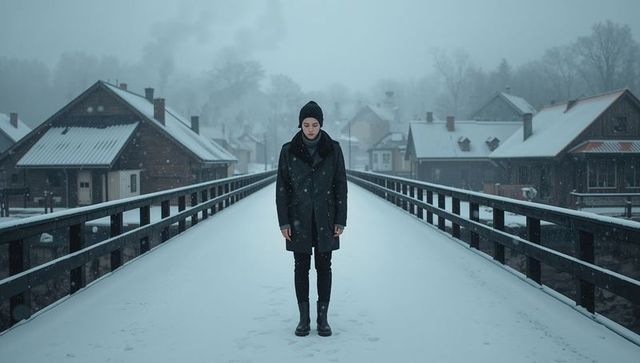 Solitary woman standing on snowy bridge watching falling snow in foggy winter village