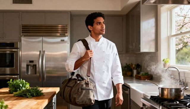 Chef leaving modern home kitchen carrying duffel bag past steaming pot wearing white coat