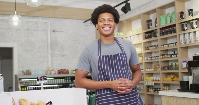 Smiling Café Worker Wearing Striped Apron In Modern Coffee Shop - Download Free Stock Images Pikwizard.com