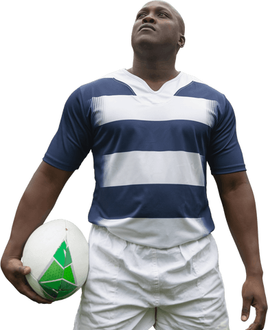 Strong Rugby Player Holding Ball on Transparent Background