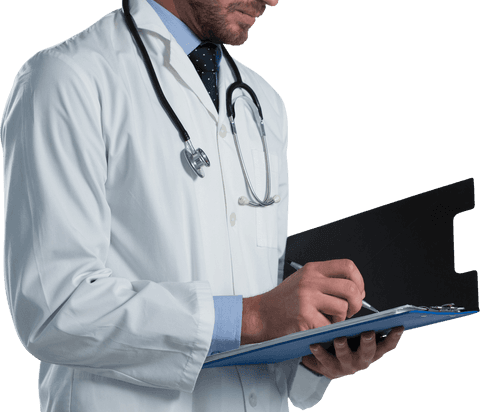 Male doctor with clipboard on transparent background