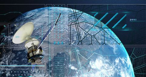 Satellite Orbits Earth with Digital Global Data Processing Interface - Download Free Stock Images Pikwizard.com