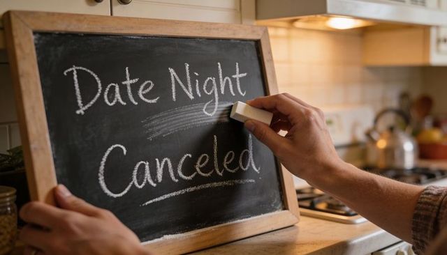 Holding chalkboard reading date night canceled on cozy kitchen counter with warm light