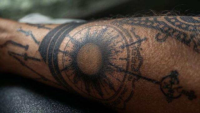Intricate geometric tattoo on forearm featuring sun and compass motifs