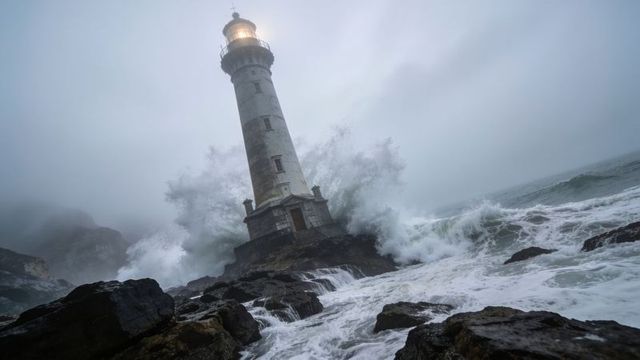 Storm-battered lighthouse standing on rocky coast, casting lantern light, waves crashing