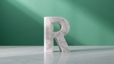 Marble letter r on polished floor with green wall background