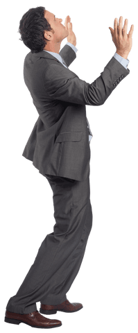 Confident Businessman Raising Hands in Success Gesture on Transparent Background