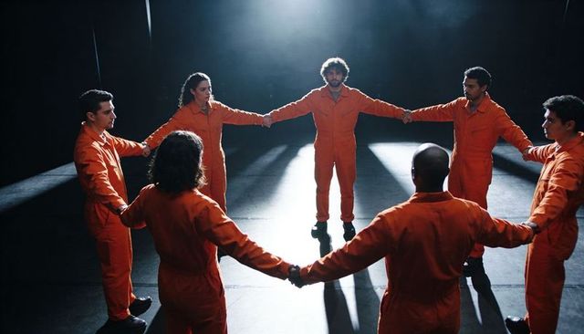 Dramatic unity circle of seven wearing orange jumpsuits on dark stage