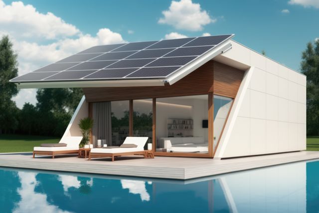 This image shows a modern, eco-friendly home with solar panels on its roof. The home features a sleek, futuristic design with large glass doors opening to a stylish deck by a serene pool. This image is perfect for articles, websites, or advertisements focusing on sustainable living, green energy solutions, modern home design, and real estate. It can be useful for depicting the intersection of luxury and environmental responsibility in architectural projects.