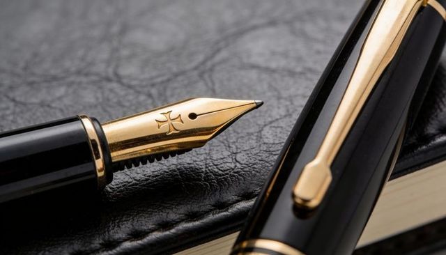 Resting gold nib fountain pen on black leather notebook with cream page edges