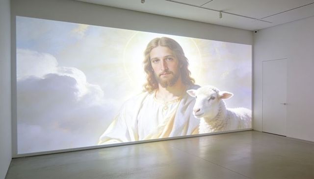 Projecting haloed jesus with lamb across minimalist gallery wall for sacred exhibition