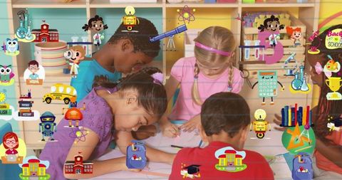 Diverse Schoolchildren Engaging in Creative Drawing with School Icons Overlay - Download Free Stock Images Pikwizard.com