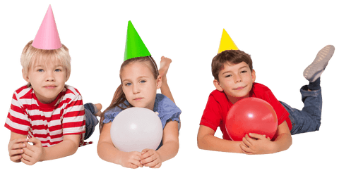 Children Celebrating With Party Hats and Balloons on Transparent Background