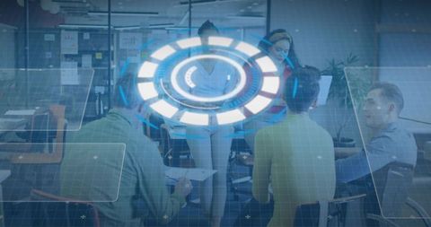 Woman presenting in modern office with holographic HUD overlay and team collaboration