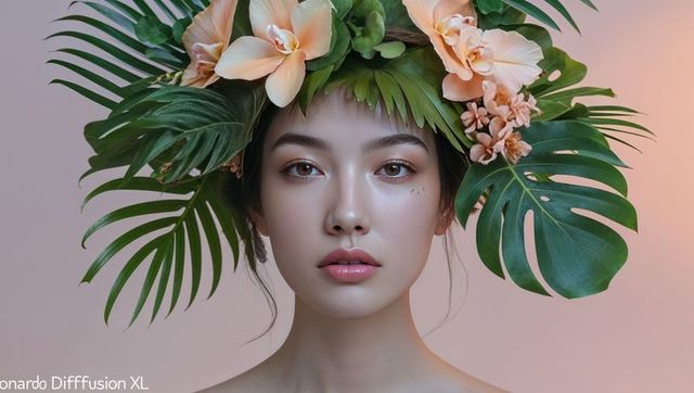 Elegant asian model in tropical leaf and flower headpiece
