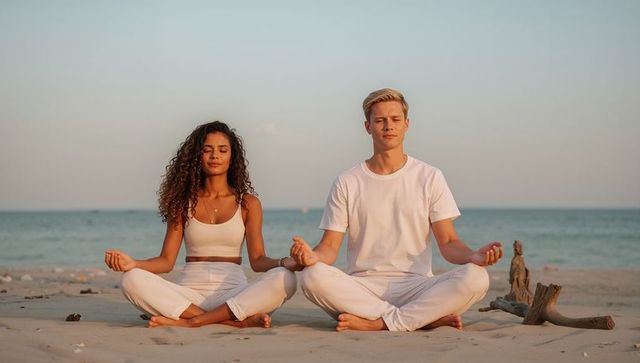 Couple practicing beach meditation at sunrise sitting cross-legged in white yoga wear