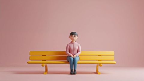 Minimalist 3d figure sitting on yellow bench against pastel pink background - shy concept