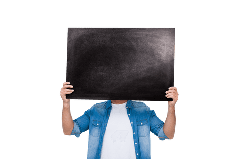 Man holding black board with copy space on transparent background