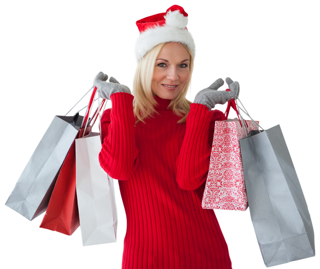 Christmas Shopping Woman Holding Bags with Santa Hat on Transparent - Download Free Stock Videos Pikwizard.com