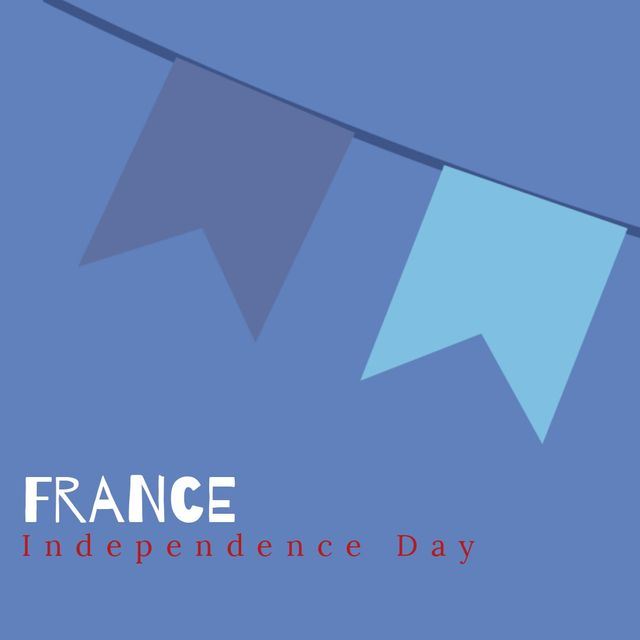 Illustration portrays France Independence Day with flag banners against a blue background, designed to instill national pride. Useful for social media posts, event invitations, or promotional materials for Independence Day activities. Versatile with copy space for personalized messages.
