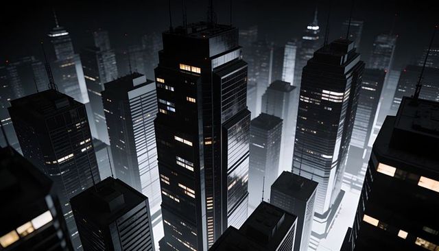 Dominating skyscraper with lit windows and rooftop antennas amid foggy night skyline